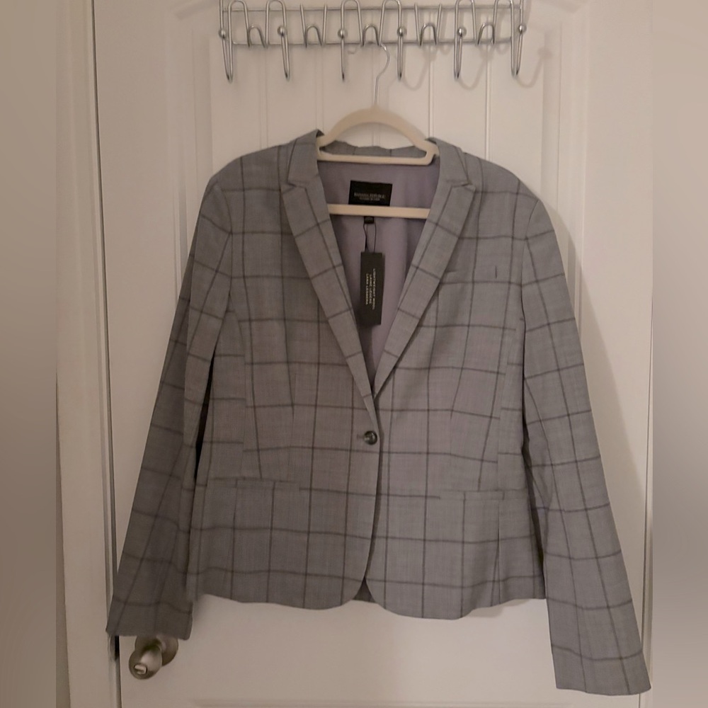 Banana Republic Womans Blazer Classic Plaid Gray 95% Lightweight Wool Size 16